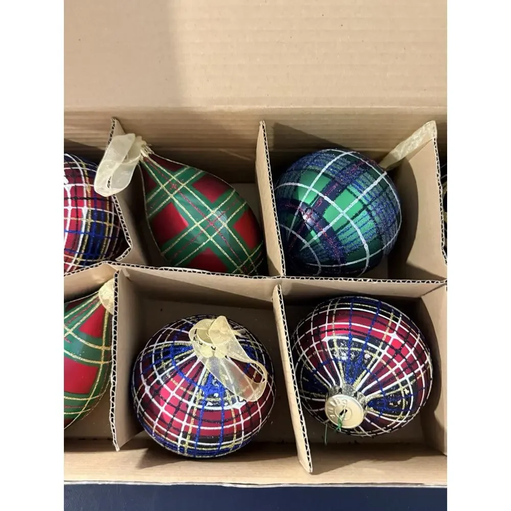 Vintage Jeffrey Banks Home Set of 8 Large Plaid Tartan Glass Ornaments w/ Box